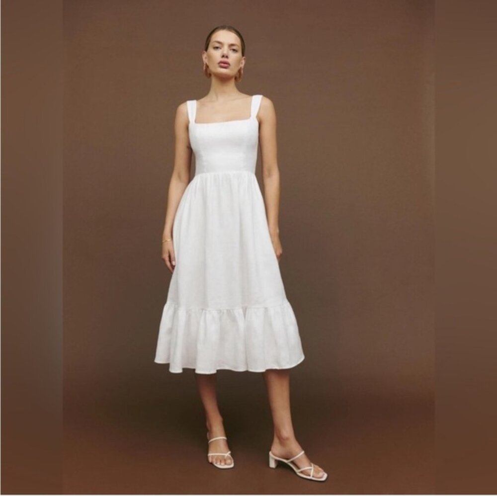 Reformation Bucatini Linen Midi Dress in White